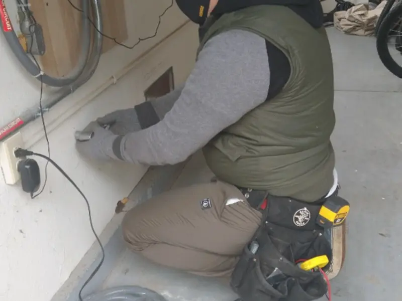 Electrician performing outlet wiring in a Mirrormont garage